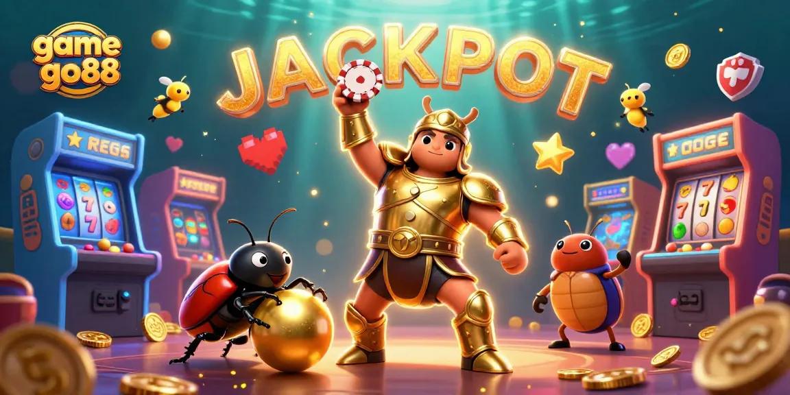 Engage in the thrill of game go88 as a heroic beetle lifts a poker chip amidst vibrant gaming elements.
