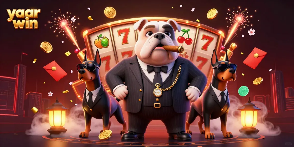 Experience the thrill of yaar win with a vibrant casino scene featuring a mafia-style bulldog and slot reels.