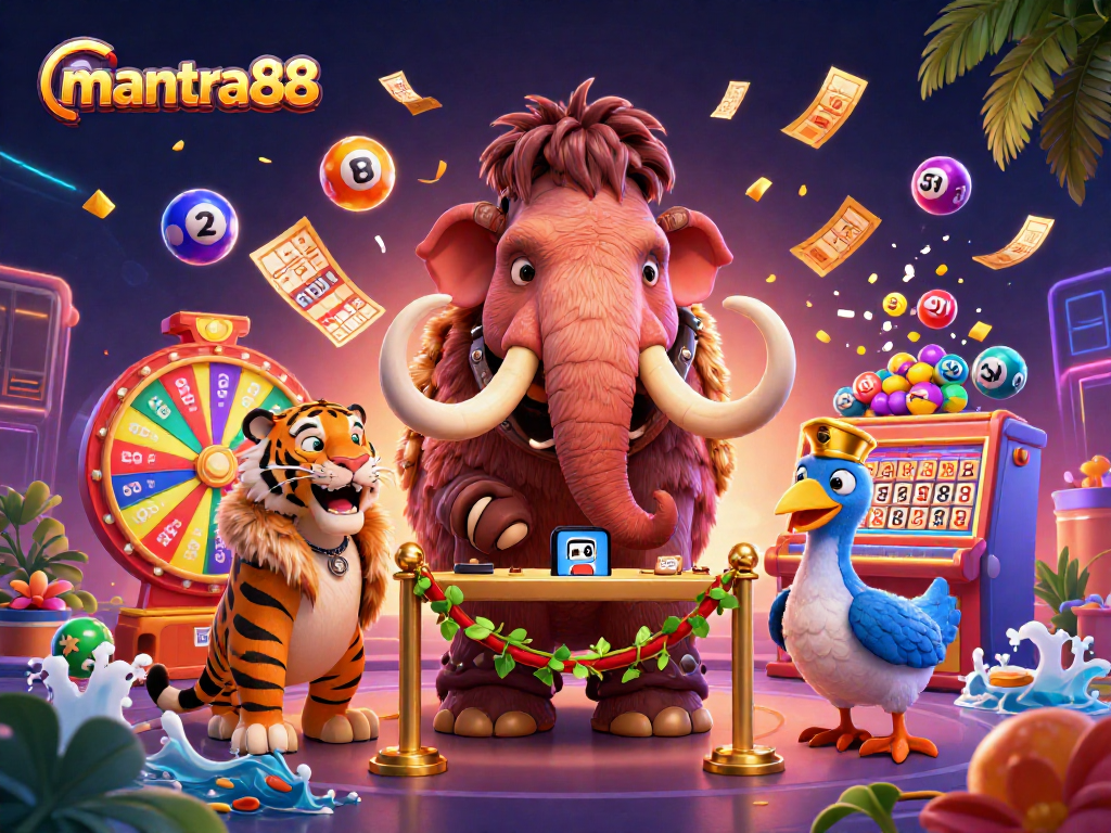 Experience the thrilling ambiance of mantra88 with a vibrant casino scene featuring dynamic lottery elements.