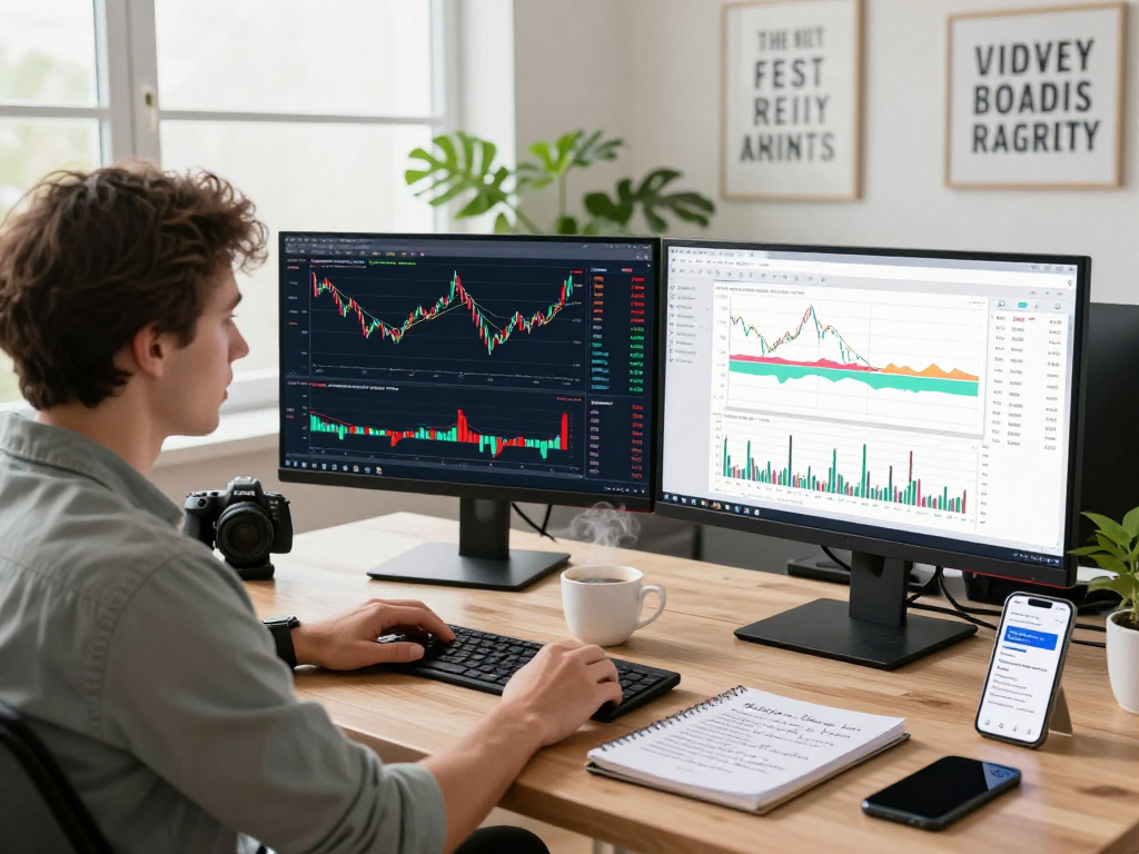 TradingView workspace with dual monitors displaying trading charts, strategies, and notifications in an inspiring atmosphere.