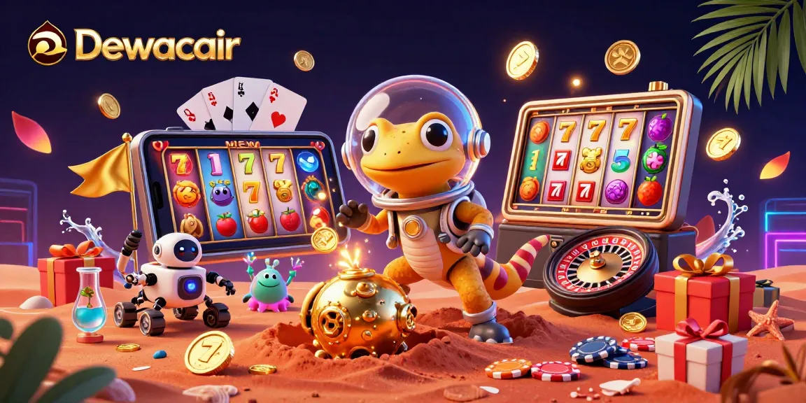 Dewacair showcases a Martian gecko at a golden casino, with vibrant slot reels and animated casino elements.