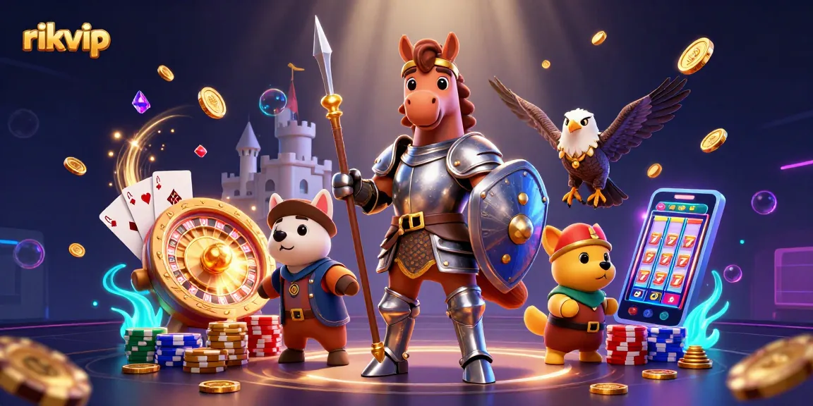 Experience thrilling gameplay with rikvip as golden coins cascade and lucky sevens shine around a knight and puppy.