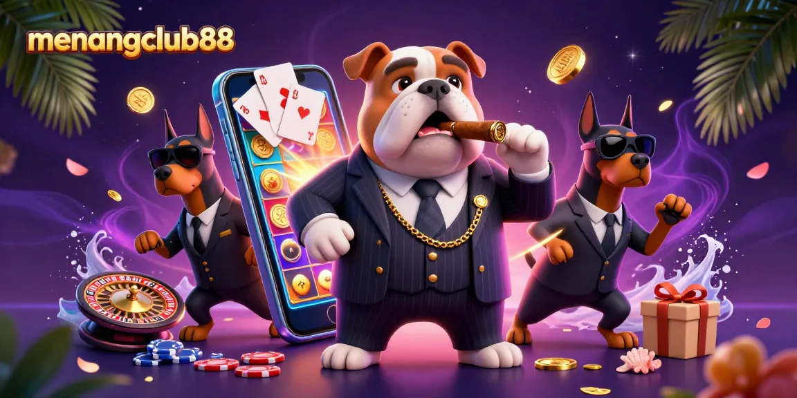 Play thrilling games at menangclub88 with a vibrant scene of animated characters & slot games.