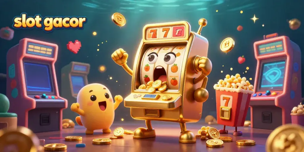 Experience slot gacor excitement as a golden slot machine wins a jackpot, surrounded by cheering baby slots.