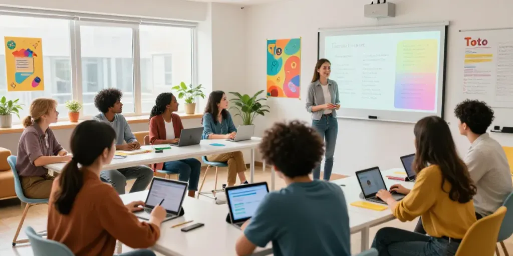 Engaged learners in a vibrant English language classroom featuring interactive resources, highlighting the keyword 'Toto' for effective learning.