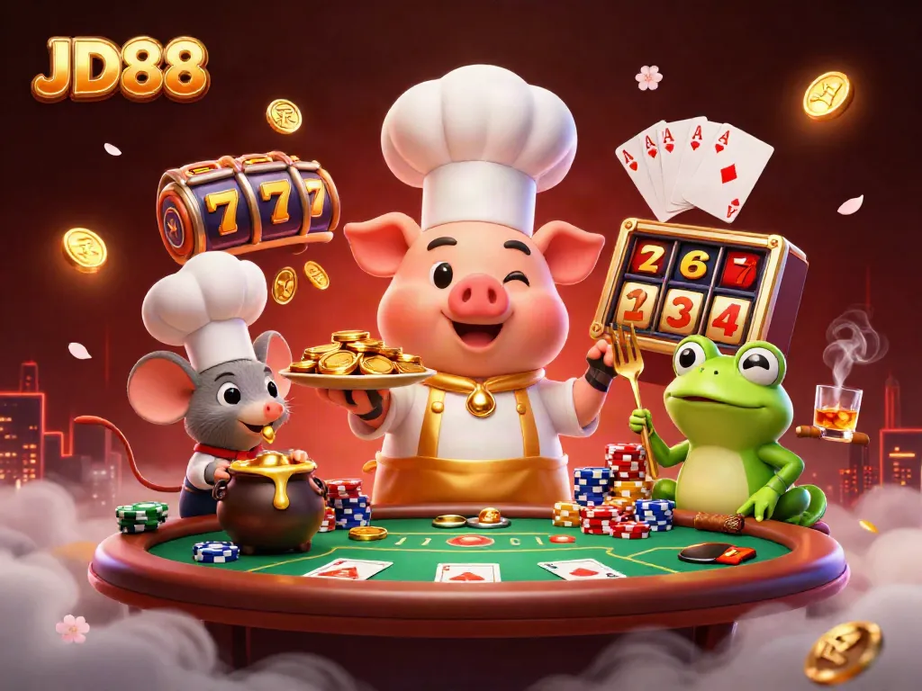 JD88's chef pig serves golden coins while a sous-chef mouse and frog critic enjoy a vibrant casino scene.