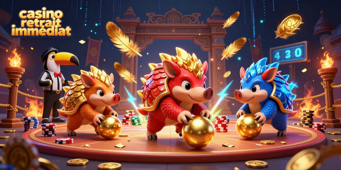 Illustration dynamique de casino retirant immédiatement les gains avec des pangolins rivaux dans une scène de jeux.