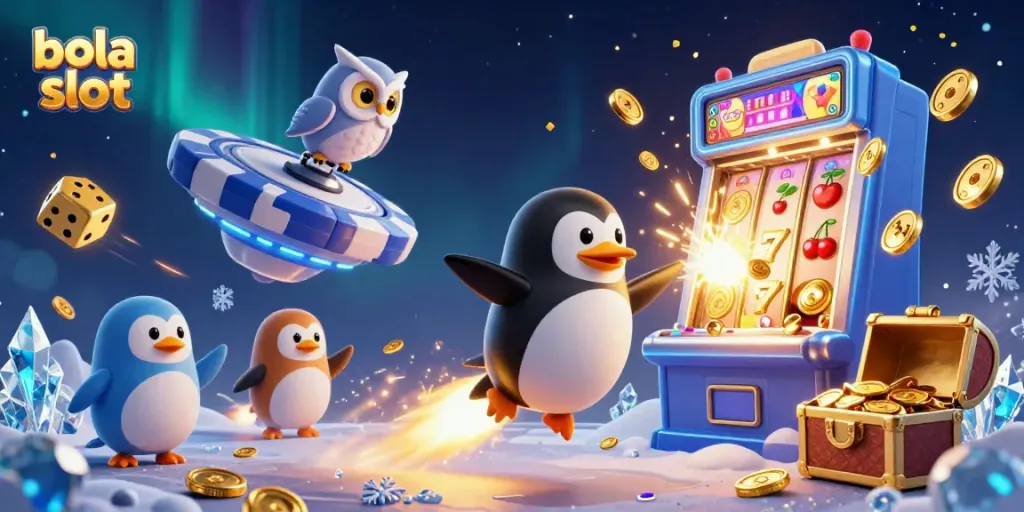Experience the thrill of bola slot with a vibrant 3D casino scene featuring a penguin, jackpots, and gaming symbols.