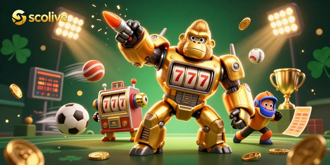 Socolive boasts a vibrant scene with a golden gorilla mech and sports balls flying, enhancing online betting excitement.