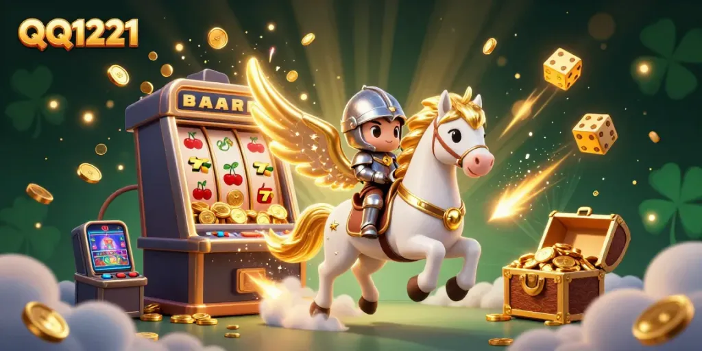 Experience the thrill of QQ1221 with a lucky jackpot in this vibrant casino illustration.