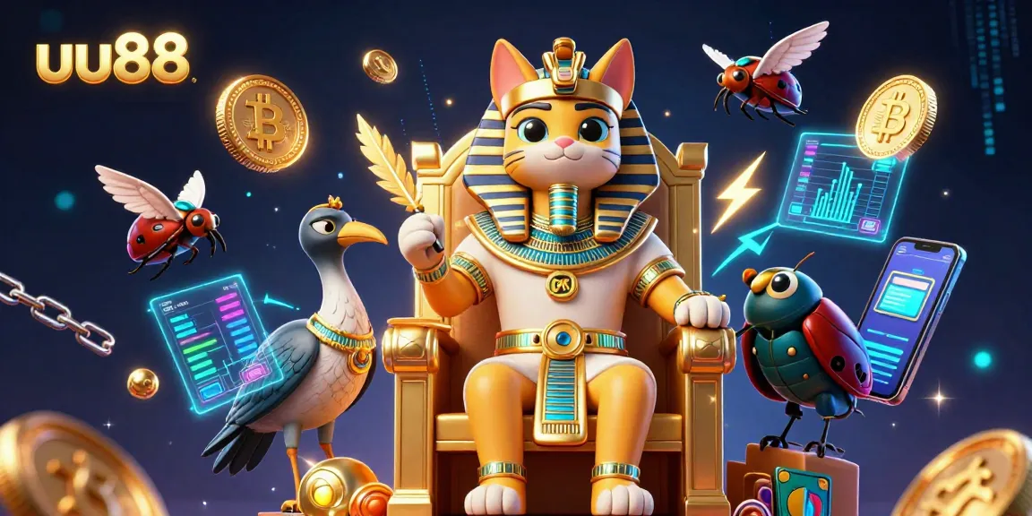 Engage in gaming excitement at uu88 with the Egyptian pharaoh cat in a vibrant casino scene.