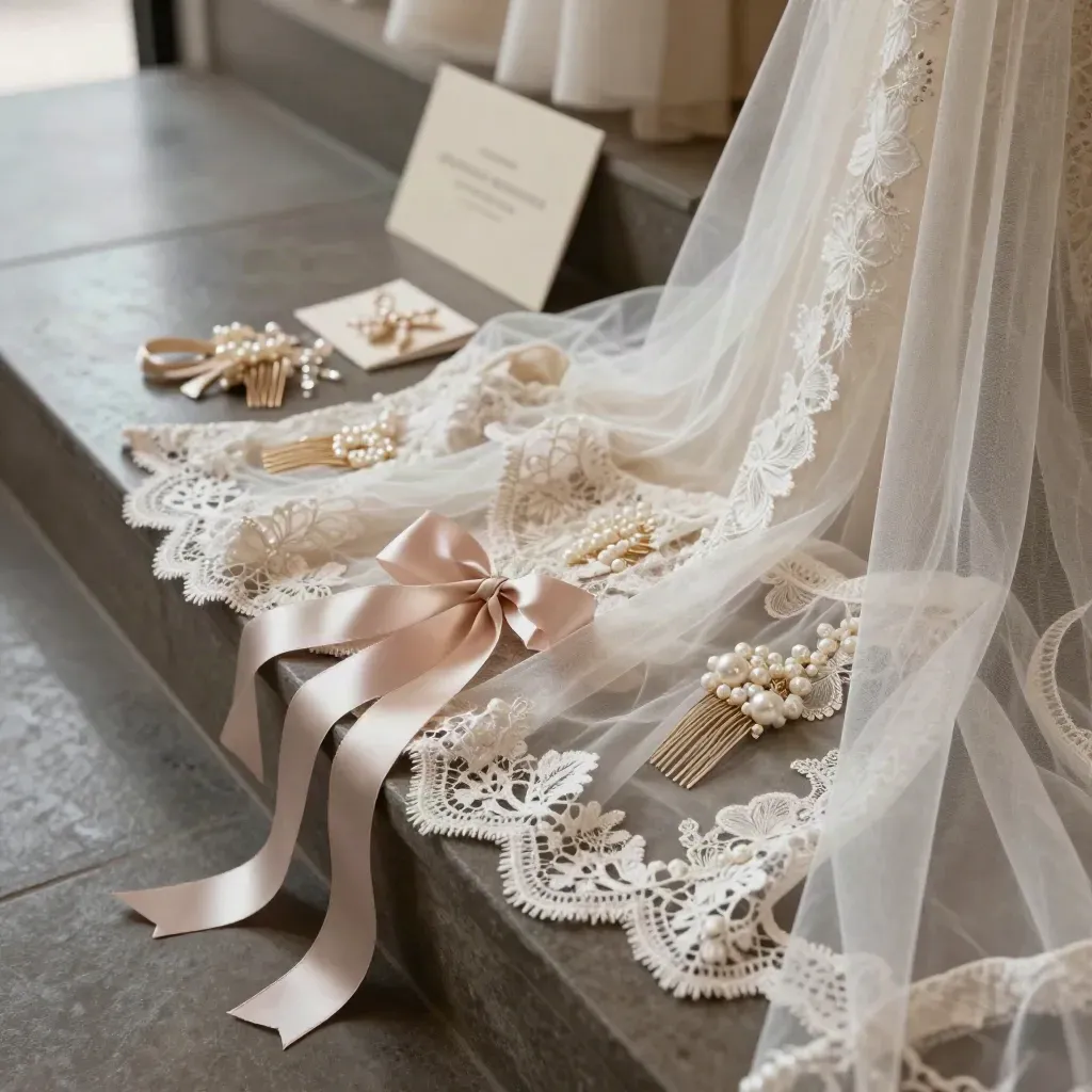Bridal lace veil, dress panel, and accessories on dark stone with blush accents