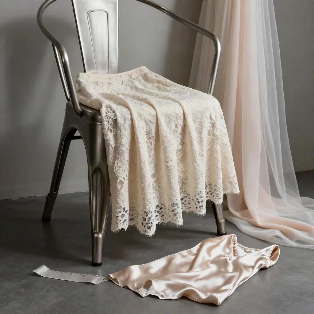 Noa midi skirt draped on a brushed metal chair with satin slip and veil strip in soft daylight.