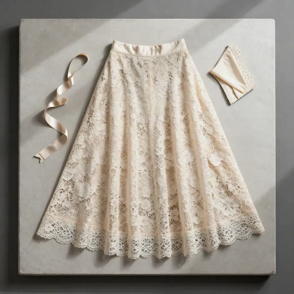 Ivory lace midi skirt, camisole edge and satin ribbon on pale concrete