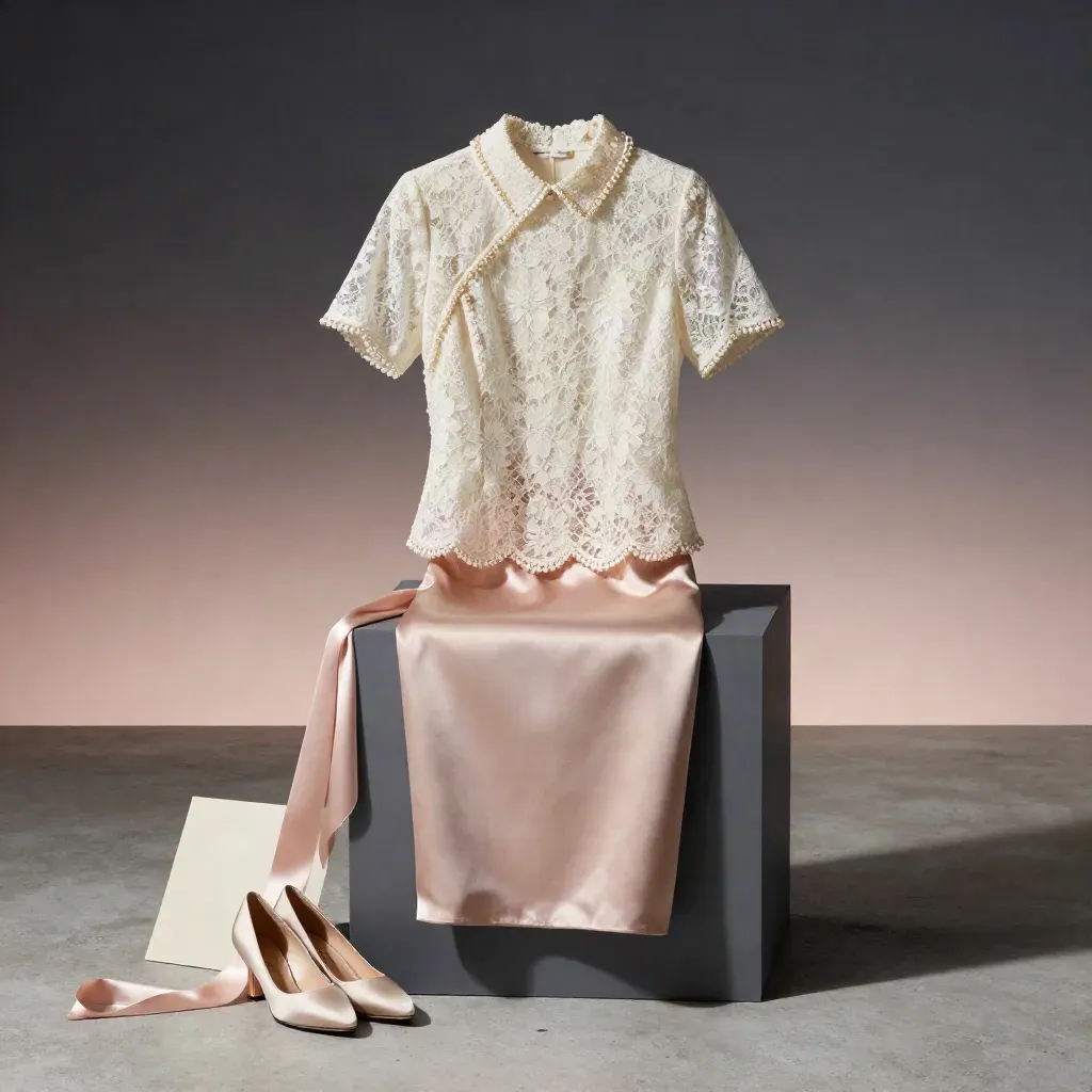 Ivy lace collar top with pearl trim beside a slim skirt and satin heel on a dark fitting plinth.