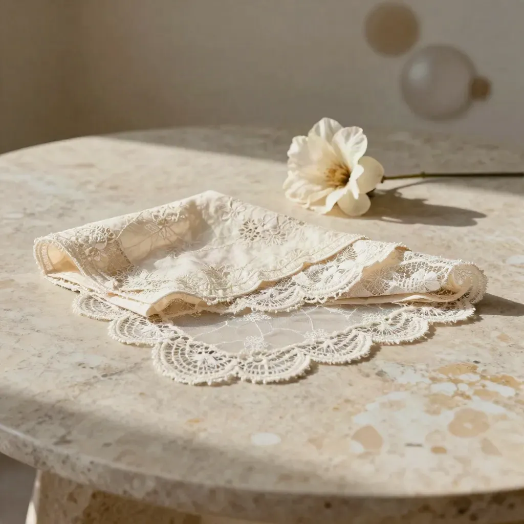 Travertine tabletop with folded ivory lace and a soft bloom in sunlight