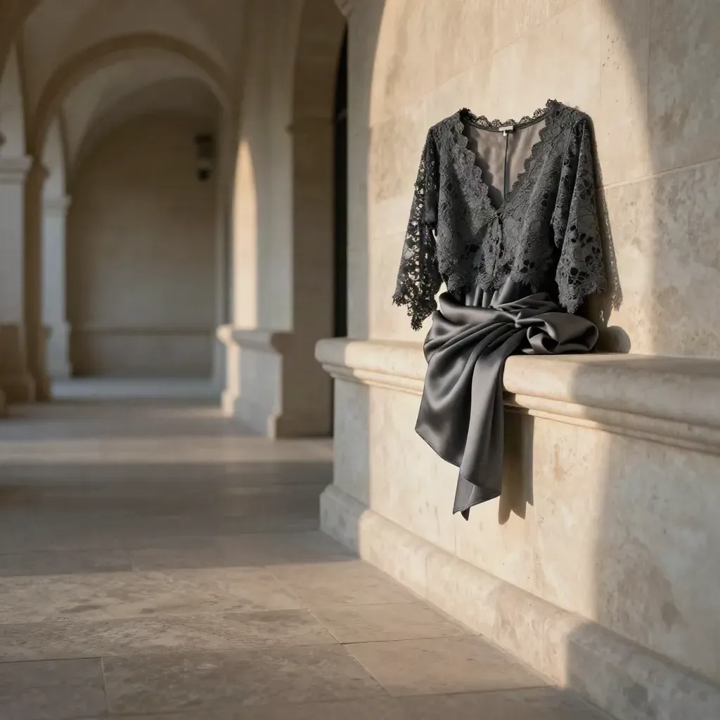 Shadowed limestone arcade with a charcoal lace top and folded fabric on a sunlit ledge.