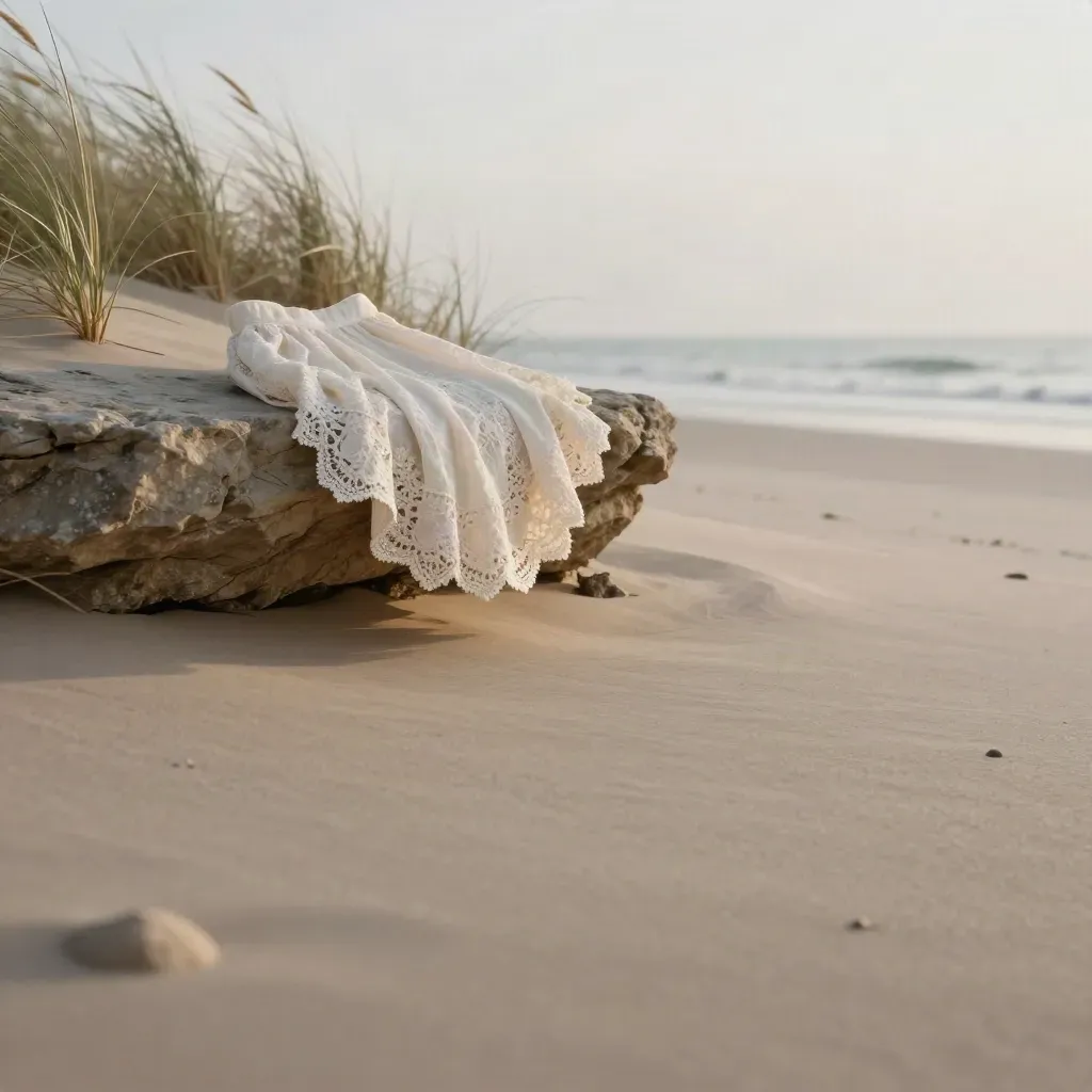 Ivory lace skirt set on a rock shelf by pale dunes, with misty sea and open sky.