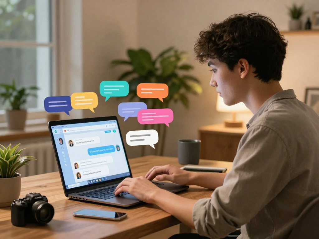 Interactive scene of a user engaging with an AI nsfw chat platform in a cozy home office setting.