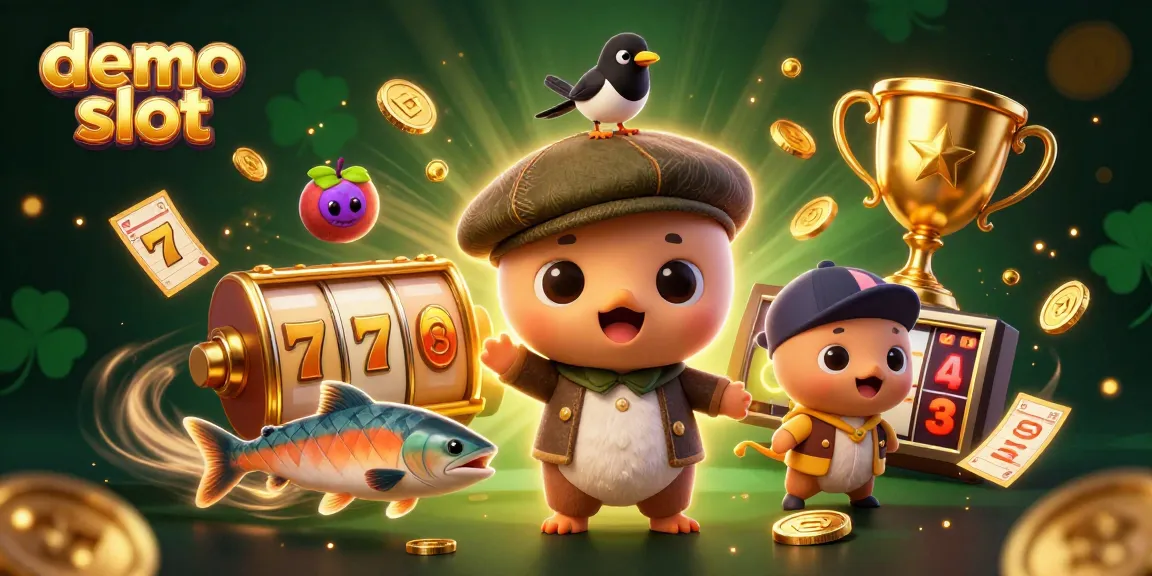Engaging demo slot scenes with cute characters and exciting game elements, illustrating casino fun.