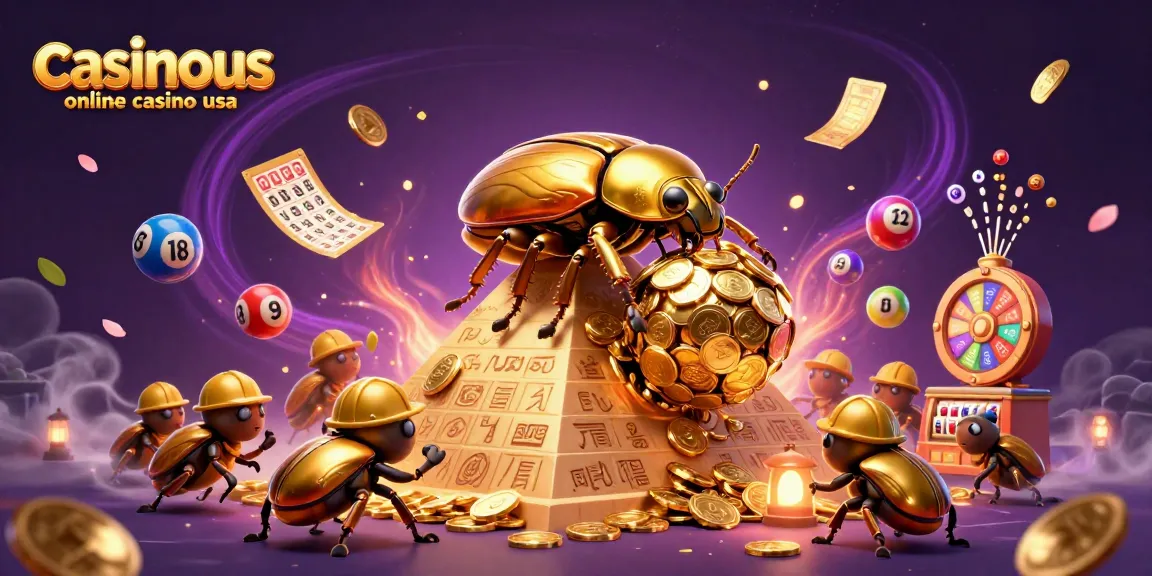 Experience the excitement of casinous online casino usa with a vibrant 3D casino-themed illustration featuring golden beetles and dynamic gaming elements.