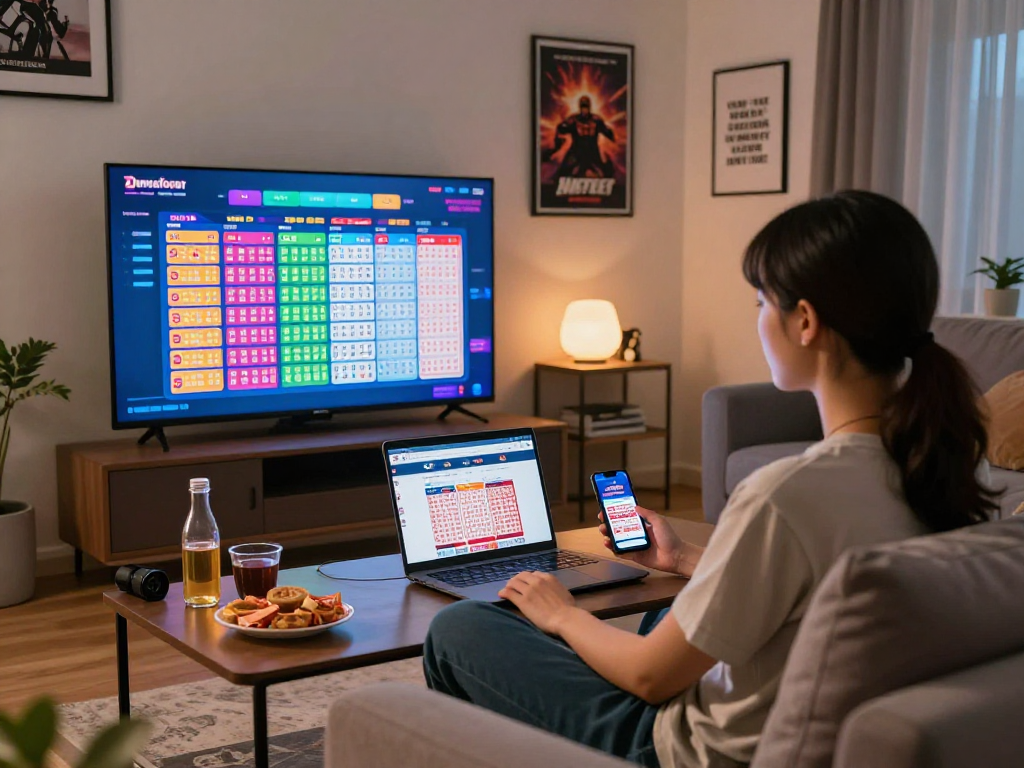 Dewatogel online gaming experience in a cozy living room with lottery tickets and digital devices.