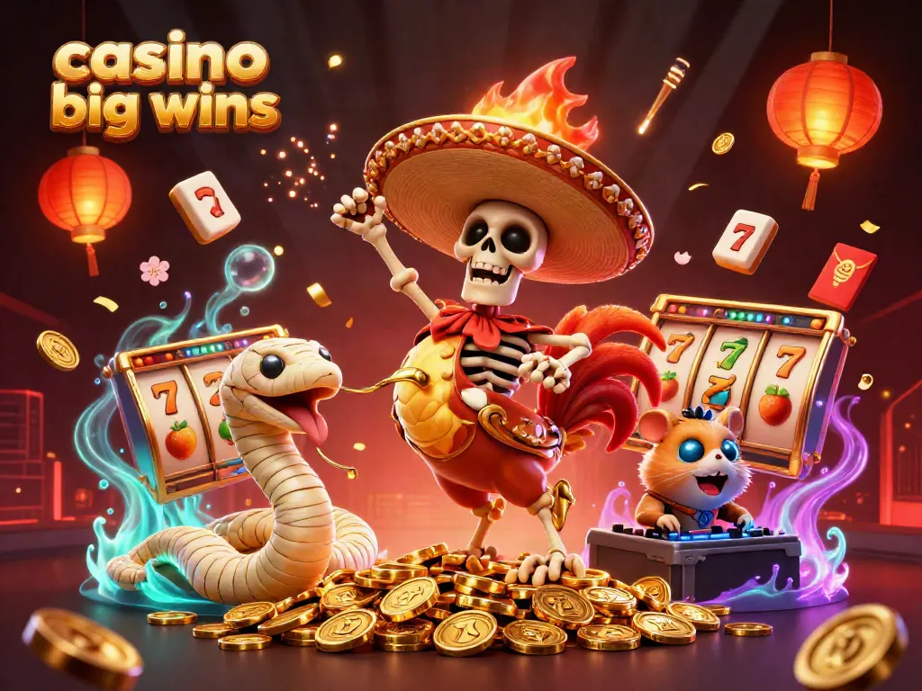 Experience thrilling casino big wins with lively 3D characters celebrating amidst vibrant game elements.