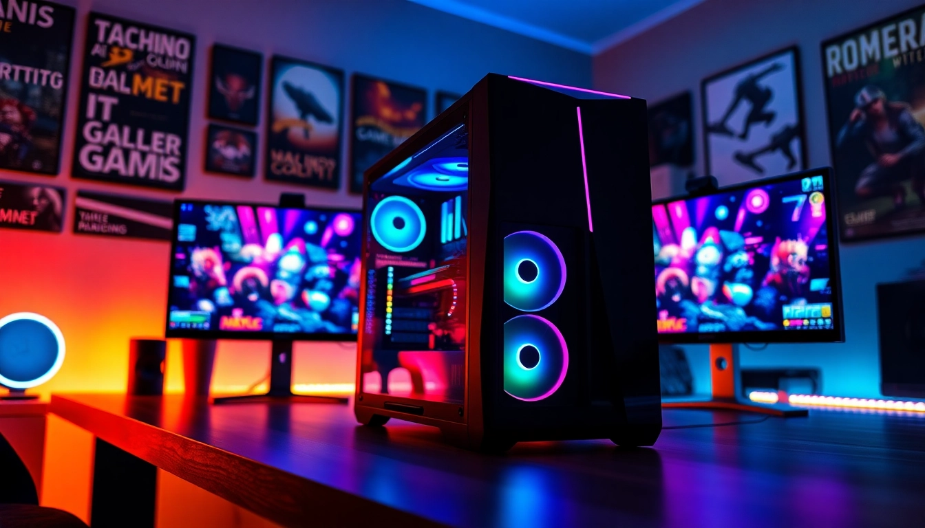 pc gaming setup με φωτισμό RGB και διπλές οθόνες σε σύγχρονο γραφείο.