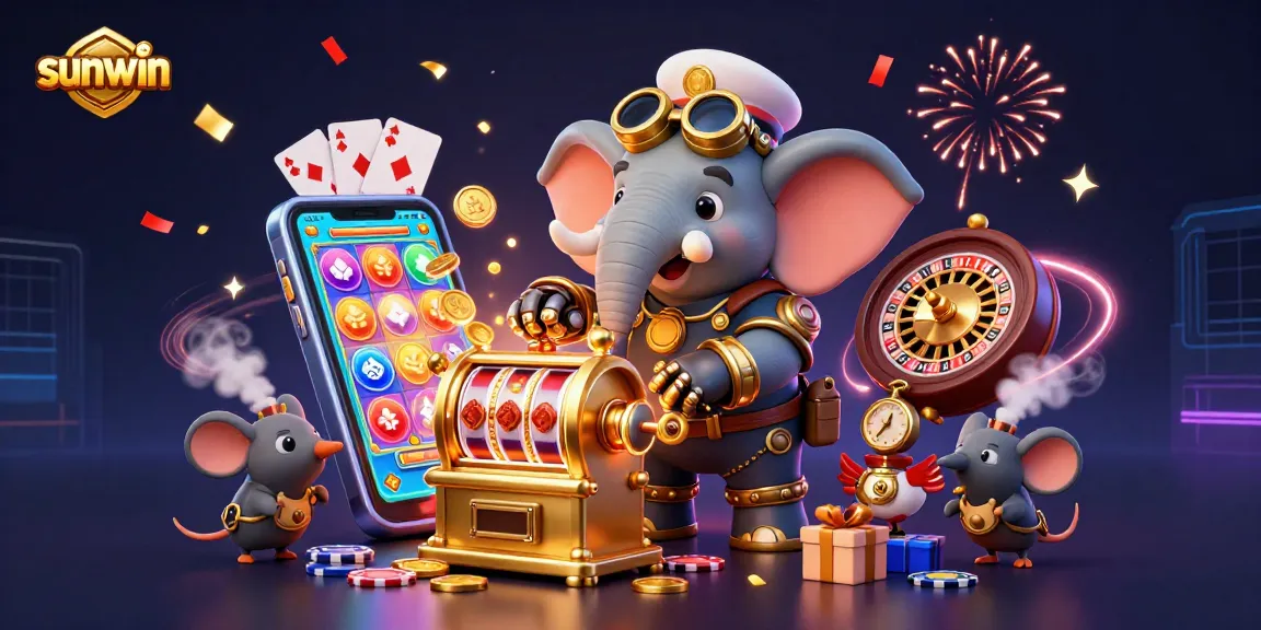 sunwin casino: engaging steampunk illustration with slot machine and festive elements