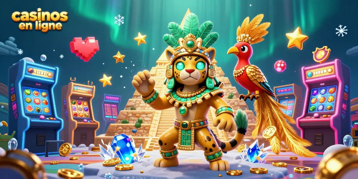 Les casinos en ligne offrent des gains scintillants dans une scène dynamique de jaguar mayan et de jeux d'arcade.