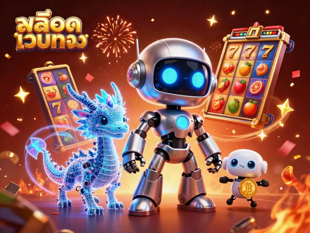 Engaging scene showcasing สล็อตเว็บตรง with vibrant slot reels, jackpot counters, and lively characters amid festive confetti.