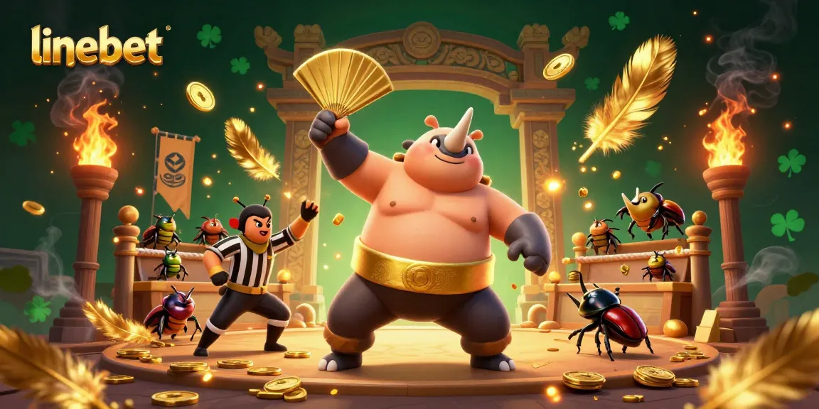 linebet features an action-packed scene with a beetle champion, coins flying, and vibrant casino elements
