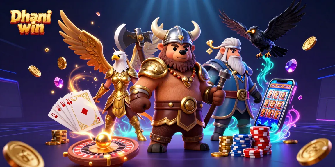 Dhani win showcases a lively scene with a Viking bear and Valkyrie eagle amidst gold coins and vibrant casino elements.