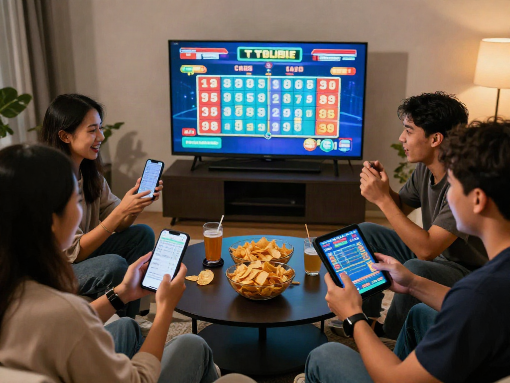 Friends enjoying bandar ze togel online game in vibrant living room