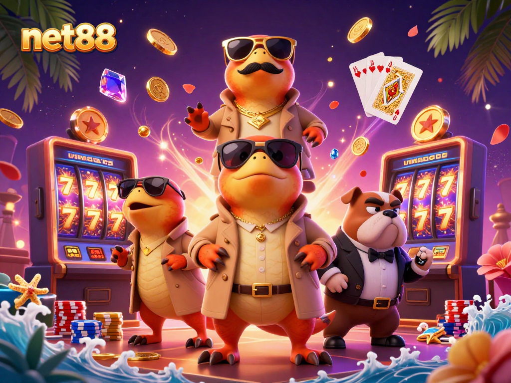 Engage with net88 as three raptors hilariously disguise themselves at a VIP casino lounge.