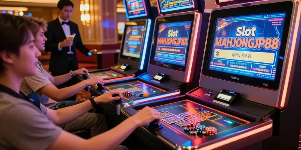 Exciting gaming moment featuring players at Slot MAHJONGJP88 machine in a vibrant casino.