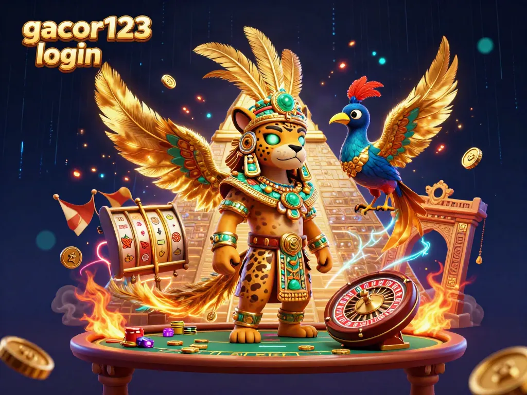 Join the action at gacor123 login featuring a Mayan jaguar priest, golden feathers, and iconic casino elements.