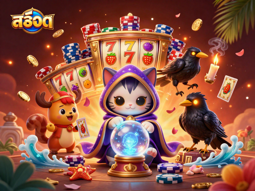 Experience immersive สล็อต gameplay with enchanting characters set around slot machine elements.