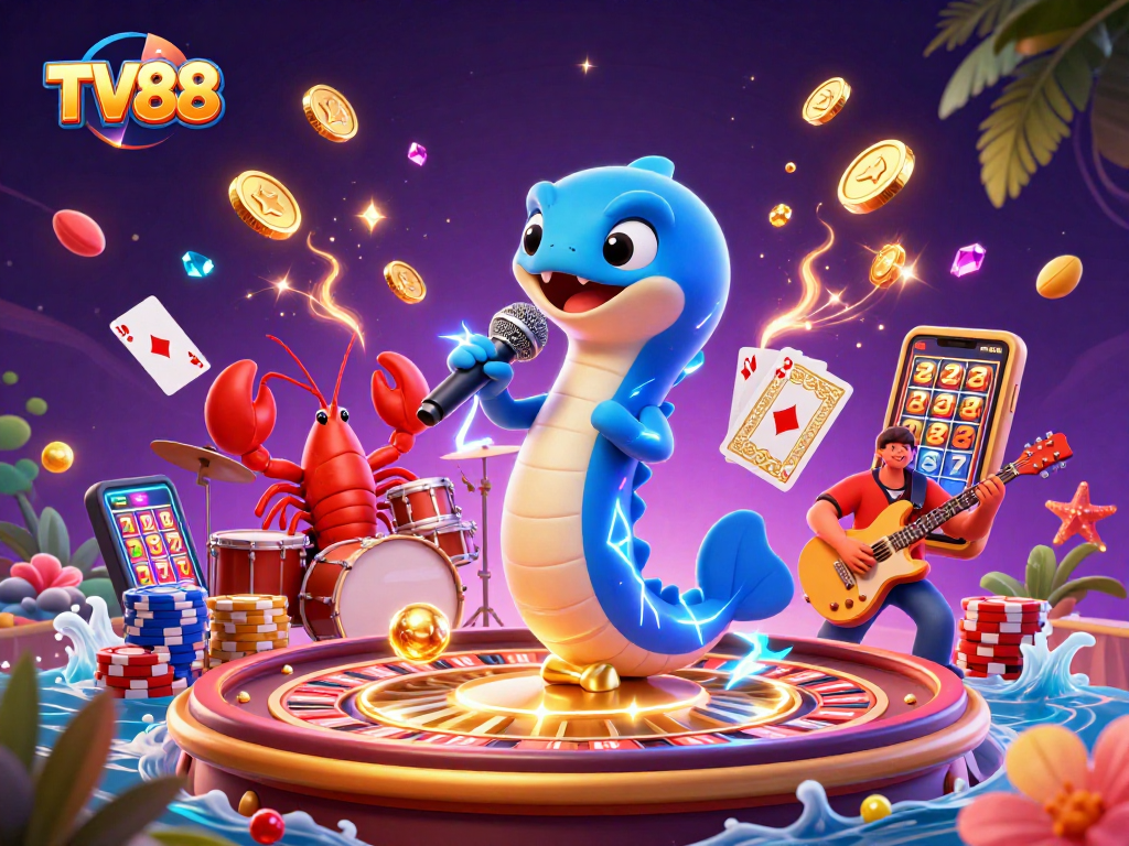 Experience excitement at TV88's underwater casino with an electric eel DJ and vibrant game elements.