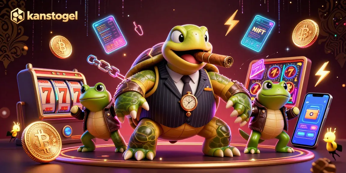 Experience kaostogel's thrilling casino atmosphere with a vintage mobster turtle and casino lights.