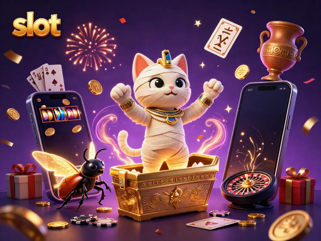 Slot mesin dengan karakter mumi dan skarab di kasino piramida yang meriah.