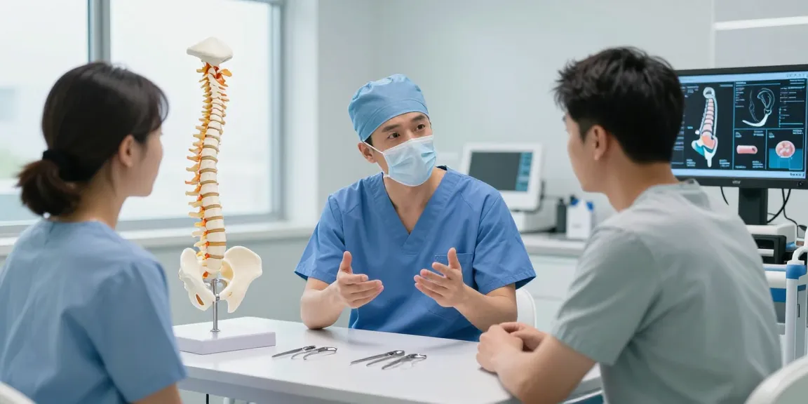 Explaining Bel kayması ameliyatı options in a modern medical office.