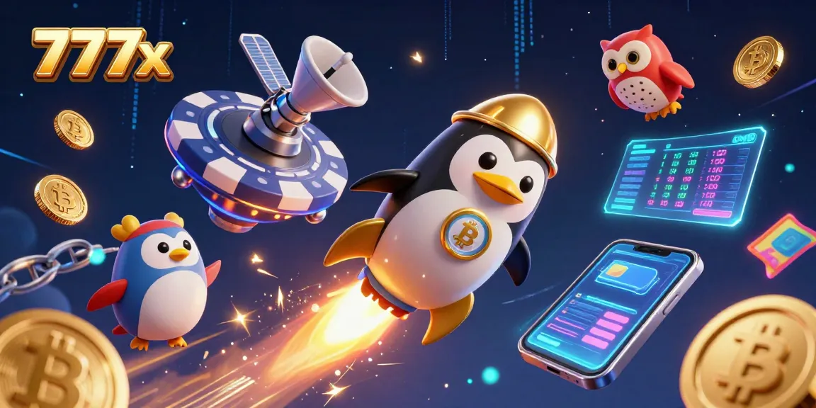 Experience excitement at 777x as a rocket-powered penguin journeys to a cosmic casino!
