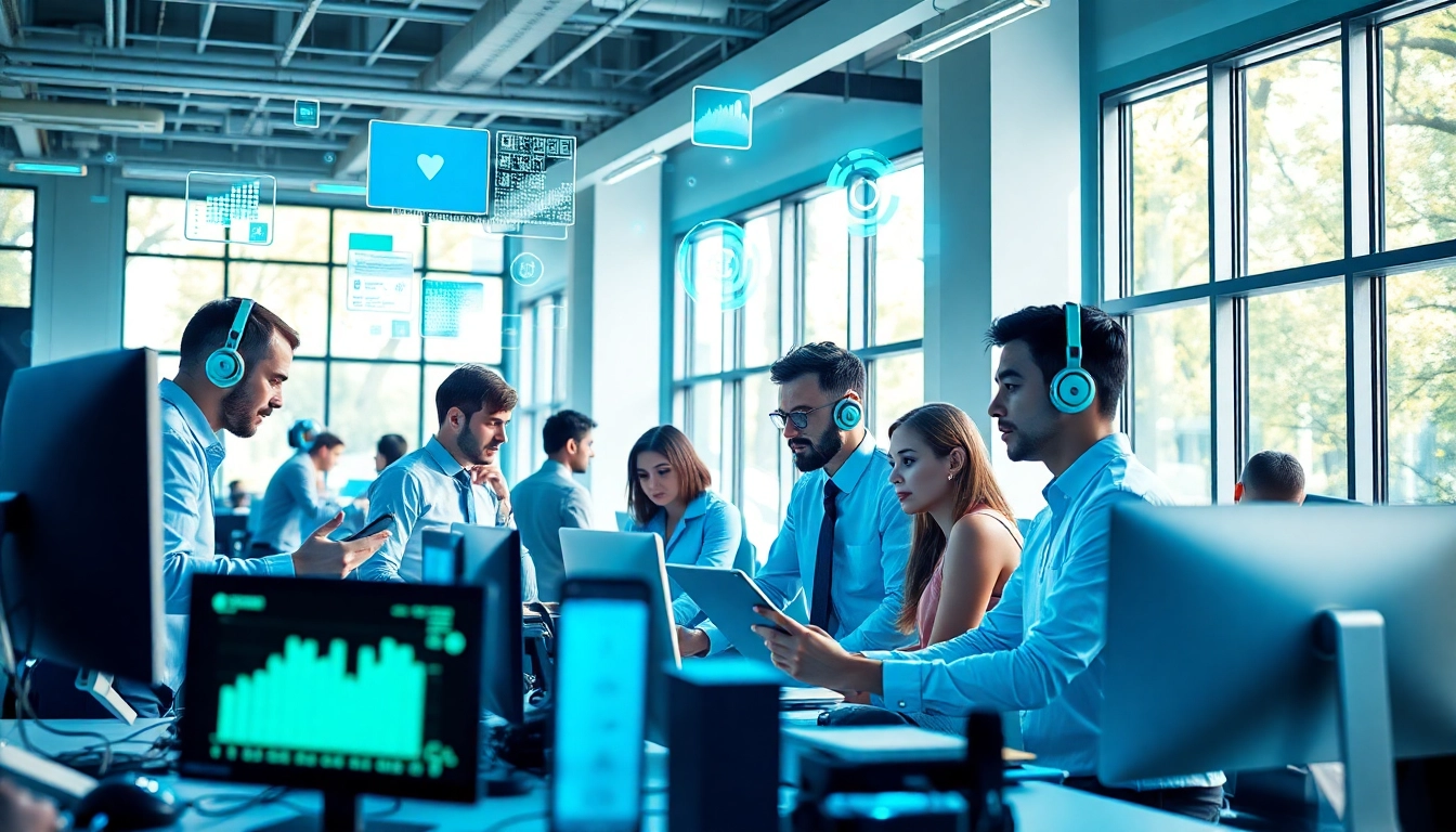 AI agents collaborating in a modern workspace with advanced technology.