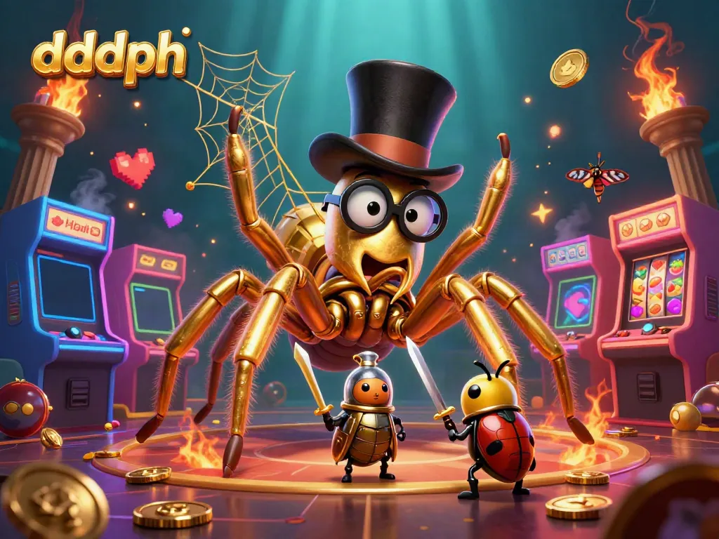 Experience the thrilling dddph casino adventure with a giant tarantula weaving golden webs among vibrant gaming elements.