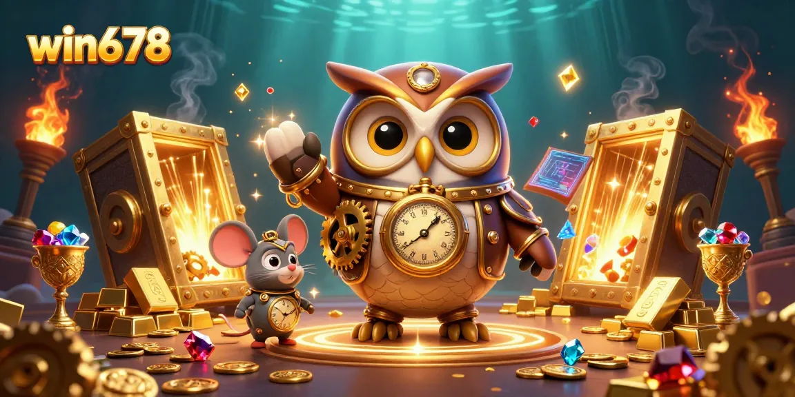 Engage with win678's thrilling casino adventure as treasures burst from vaults and characters shine amidst vibrant gems.