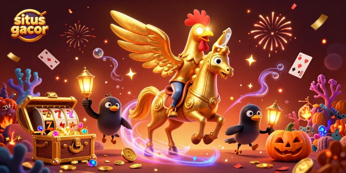 situs gacor features a golden rooster and spectral horse amidst stunning casino imagery.