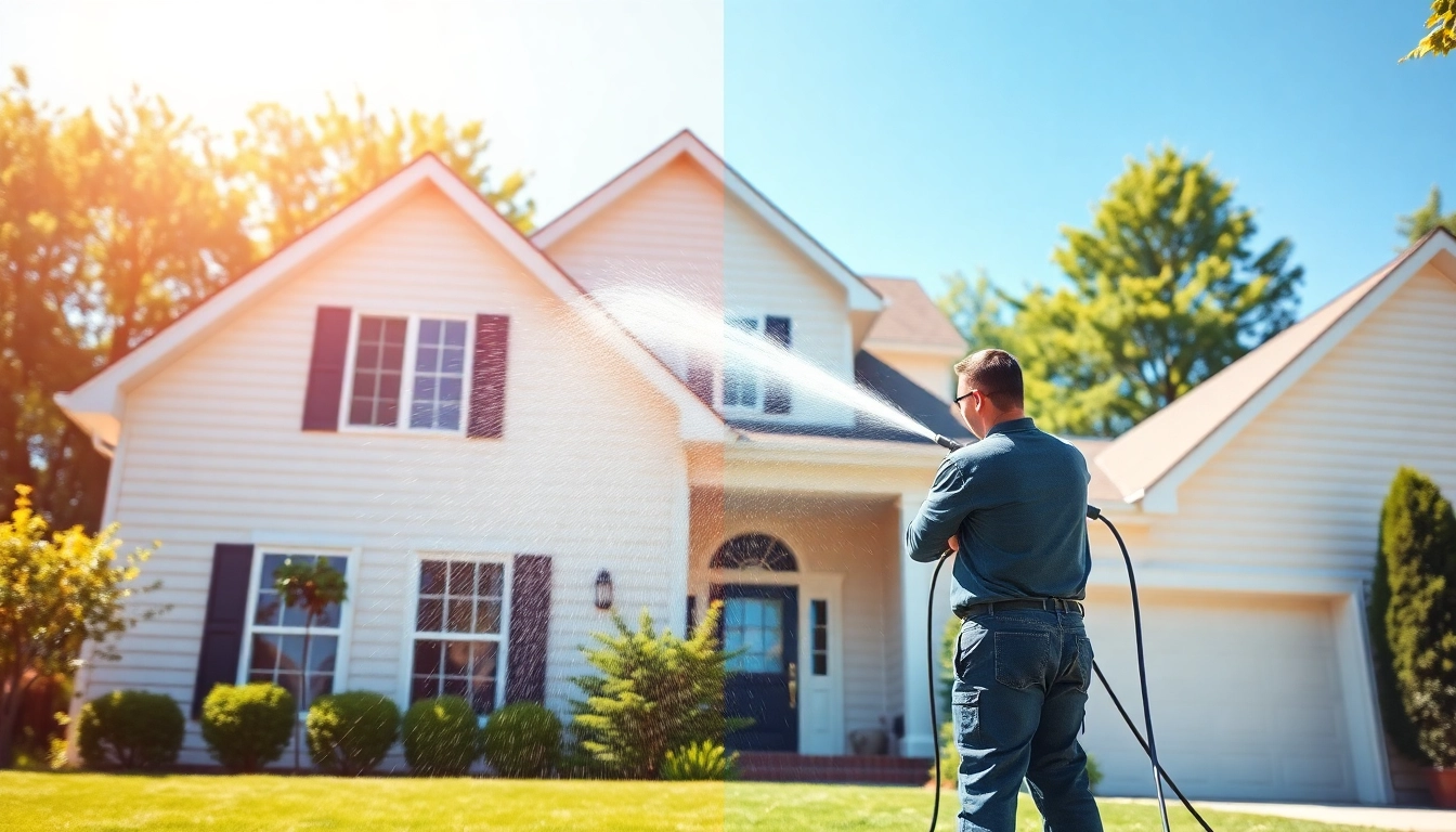 House Washing service showcasing a technician cleaning a house, highlighting effective results and techniques.