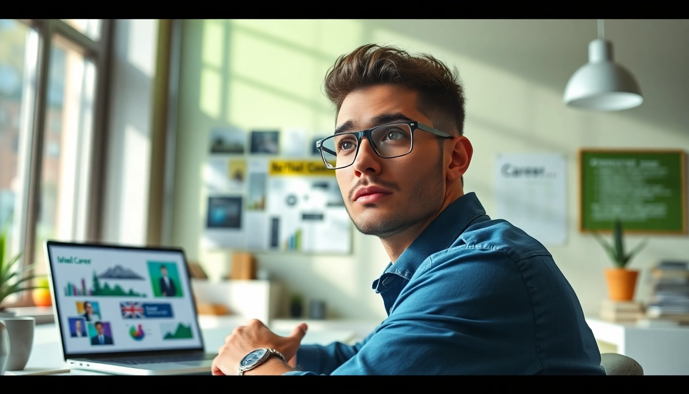 Reflecting on the Ideal Career in a bright office with motivational elements.