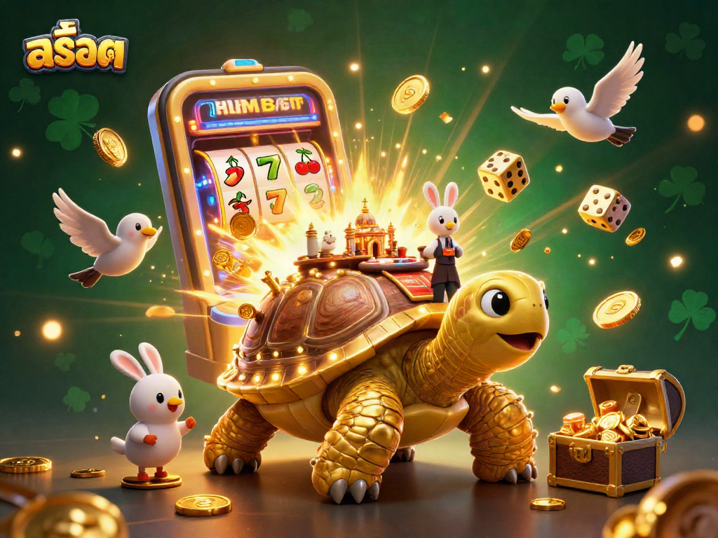 Spin the สล็อต reels with a golden tortoise and a rabbit dealer in a vibrant casino scene.